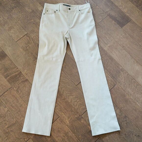 LAUREN RALPH LAUREN High Rise Straight Suede Pants Women's 10 Pale Parchment NWT - Picture 1 of 14